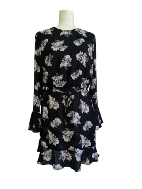 Lumiere Dresses & Skirts - Lumiere Dress Black Gray Floral Tie-Detail Ruffled Long Sleeve Dress Small NEW